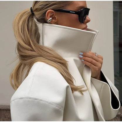 Women Cropped PU Leather Jacket Stand Collar Wide Flare Sleeve Asymmetrical Wrap Open Front Coat 2026 Autumn Chic Loose Jackets