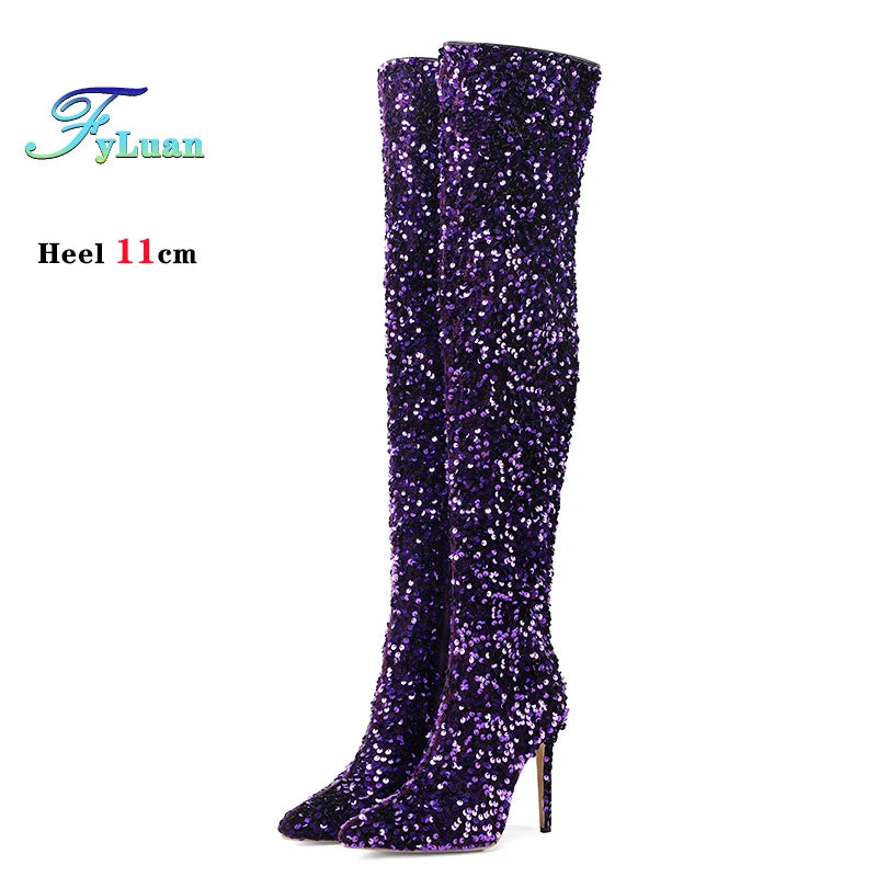 Over-the-Knee Boots for Women Pink Sequins Point Toe Boots Thin High-heeled Purple Thigh Long Boots Sexy Zip Heels Stiletto Shoe