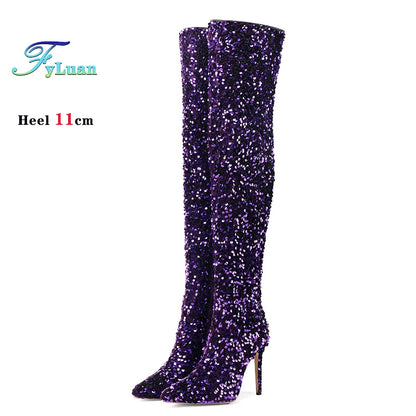 Over-the-Knee Boots for Women Pink Sequins Point Toe Boots Thin High-heeled Purple Thigh Long Boots Sexy Zip Heels Stiletto Shoe