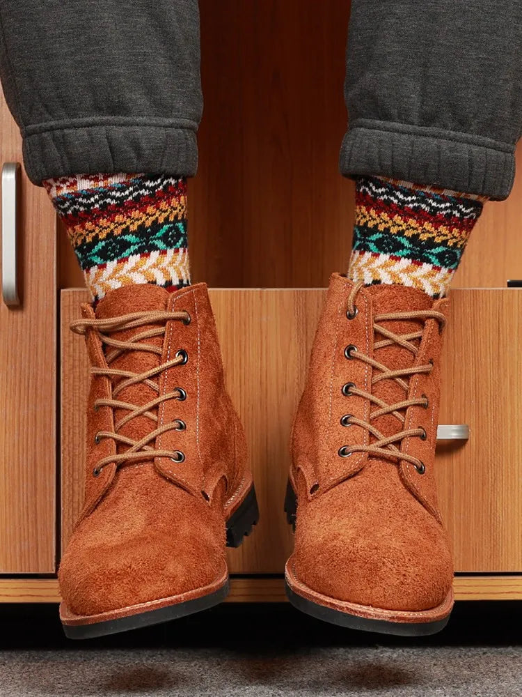 Vintage Handmade Genuine Leather Boots Male Lace Up Outside High Top Shoes Round Toe Mens Suede Cowskin Motorcycle Short Boots