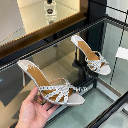 Summer 2026 Women's Pink Crystal High Heels Diamond-Encrusted Slim Heel Sandals for Outdoor Weddings Parties Fashionable Ladies'