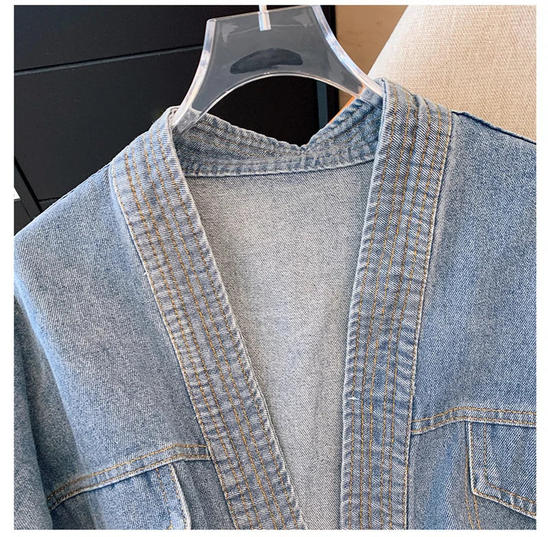 Fat mm200 Pounds Vintage Denim Patchwork Sweater Coat ins Fashion Woman 2024 Autumn and Winter Thickened Loose Niche Cardigan