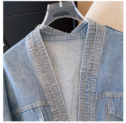 Fat mm200 Pounds Vintage Denim Patchwork Sweater Coat ins Fashion Woman 2024 Autumn and Winter Thickened Loose Niche Cardigan