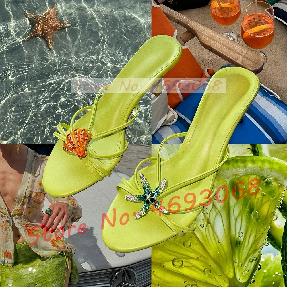 Rhinestone Shell Crab Decal Heeled Mules Women Elegant Beach Shallow High Heels Shoes Luxury Bling Cross Strap Fashion Slippers