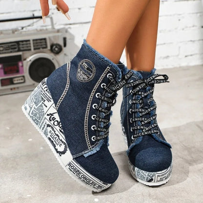 Women's Wedge Sneakers High Top Round Toe Denim-Look Lace-Up Side Zipper Letter Print Detail Casual Platform Ankle Boots 2026