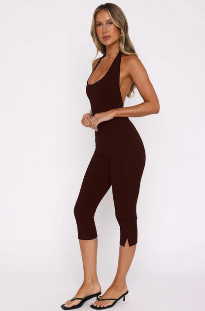 Sexy Playsuits Women Basic Solid Summer Casual Halter Low-cut Backless Stretch Skinny Rompers Female Gym Work Out One Piece New