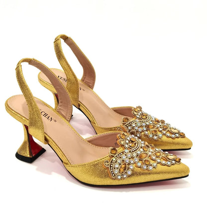 Exquisite 2024 Elegant Woman High Heels Peep Toe Shandals with Rhinestone Italian Design Shoes and Bags Set for Party