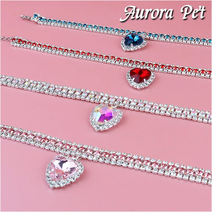 Cute Luxury Cat Collar Adjustable Cat Necklace Personalized Heart Pendant Rhinestone Kitten Puppy Collar Pet Grooming Accessorie