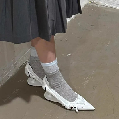 Special Heel Spliced Heels Pointed Toe Heels Women's Fashion Shallow Mouth Bow Non-Slip Mary Jane Single Shoes Large 42