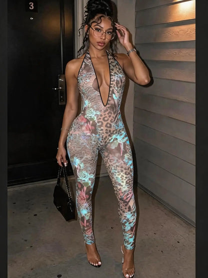 FLARORA Sexy Leopard Print Patchwork Jumpsuits Woman Mesh Halter Deep V Neck Backless Skinny Peach Hip Party Clubwear Overalls