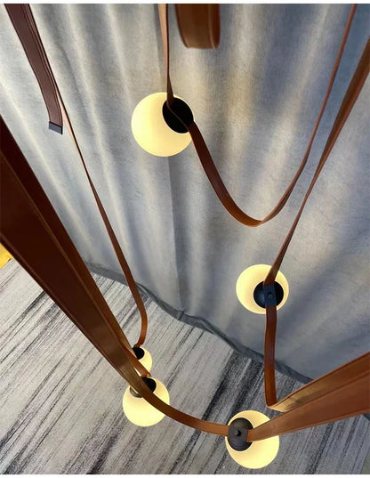 Nordic Leather Chandelier Italian Leather Belt Duplex Staircase Living Room Hotel Restaurant Decoration LED Lamps Pendant Lights