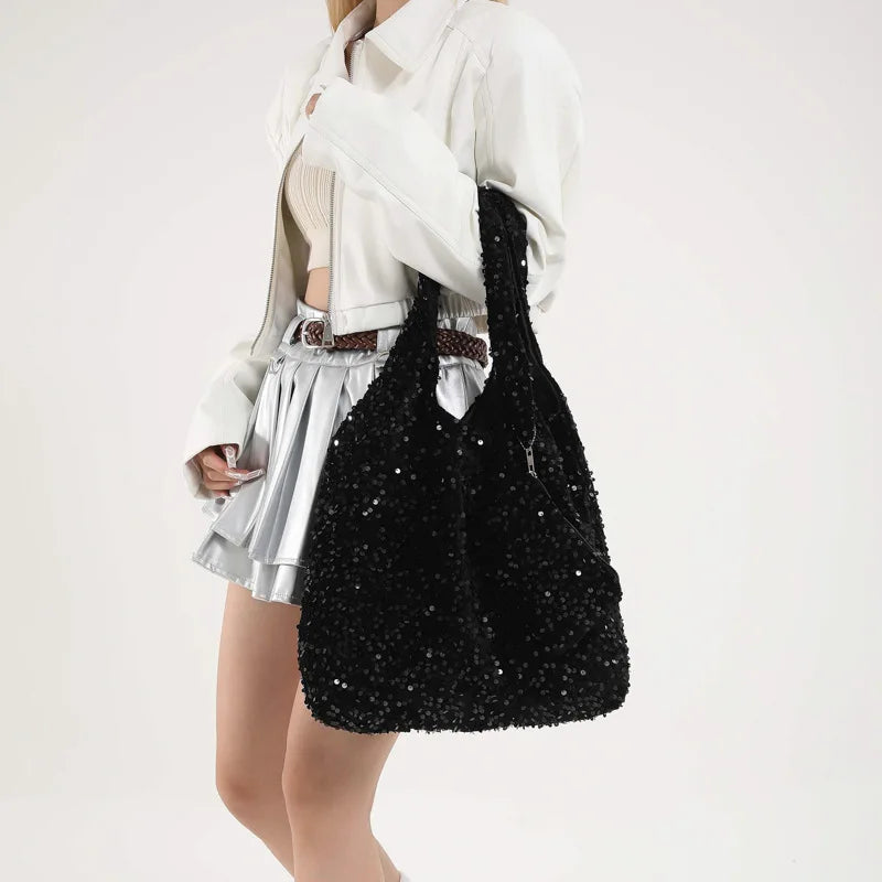 Tote Bag for Women Sequin Shoulder Bag Trendy Hobo Bag Luxury Designer Handbag Slouchy Underarm Bag for Work Travel Shopping