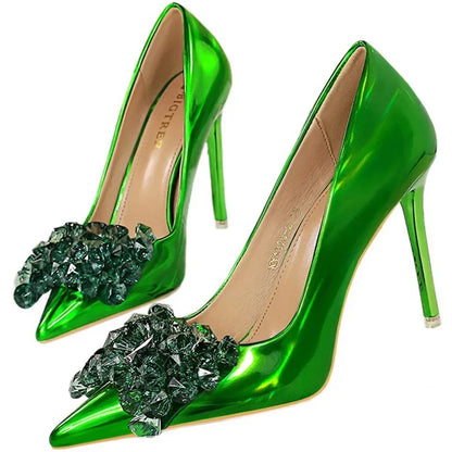 Women 10.5cm High Heels Glossy Leather Drag Queen Banquet Dress Pumps Lady Luxury Crystal Bow Stiletto Blue Green Red Prom Shoes