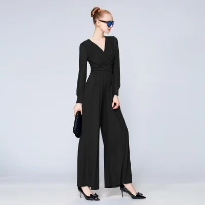 Fashion Women Long Sleeve Sexy V Neck Wide Leg Rompers Belted High Waist Jumpsuits Long Office Ladies Outfits Jumpsuit Colors