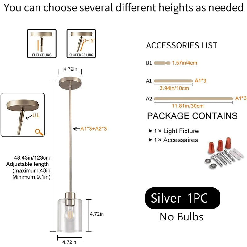 Modern Industrial Pendant Lamp Glass Hanging Adjustable Height Kitchen Dining Room Bedroom Bedside Bathroom Decor Lights
