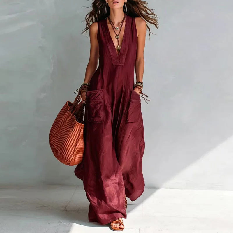 Vintage Sleeveless Overall Jumpsuits Women Deep V Neck Relaxed Pockets Flowy Wide Leg Pants Boho Holiday Vacation One Piece Sets