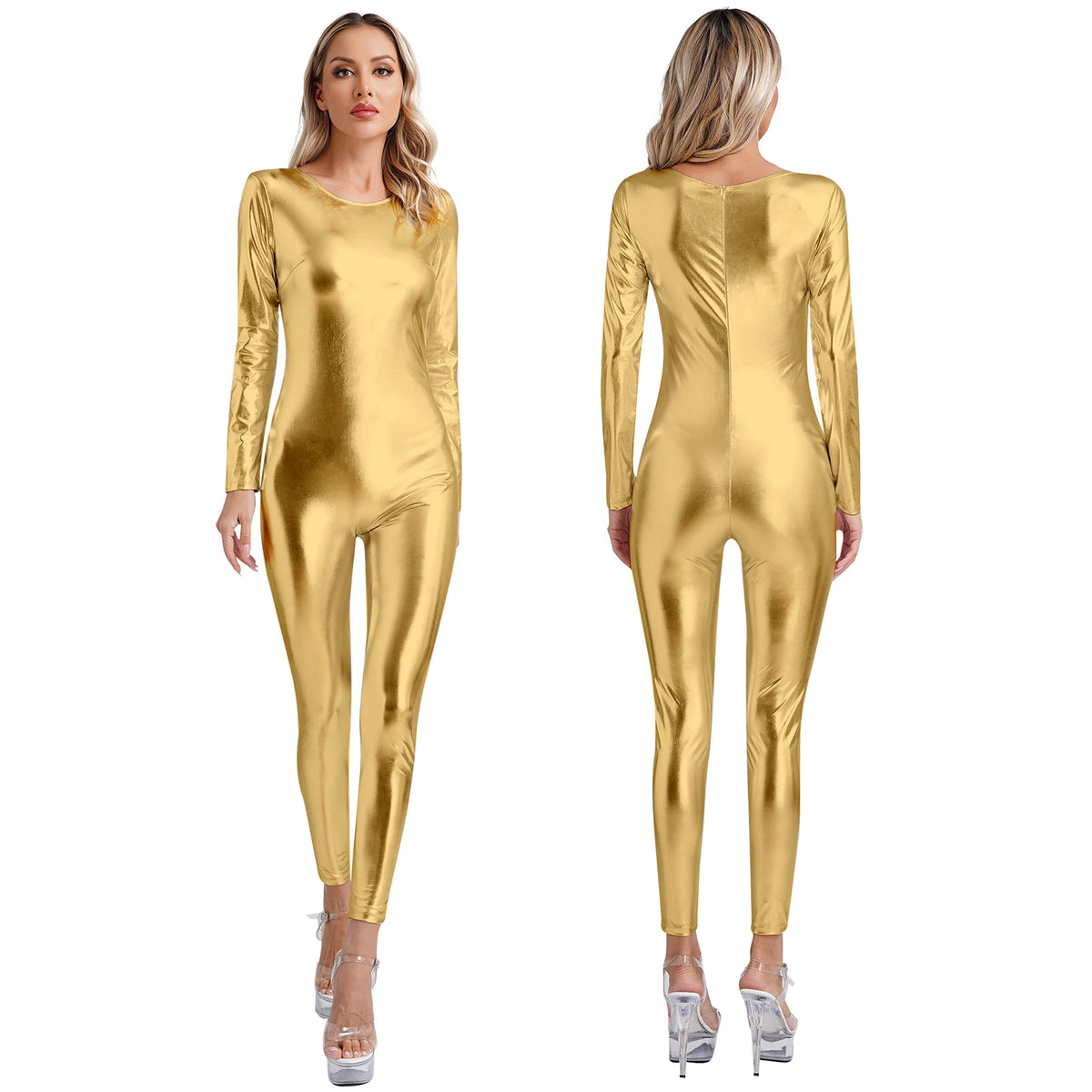 Womens Metallic Shiny Bodysuit Clubwear Long Sleeve Slim Fit Full Body Jumpsuit Nightclub Rave Party Musci Festival Costumes