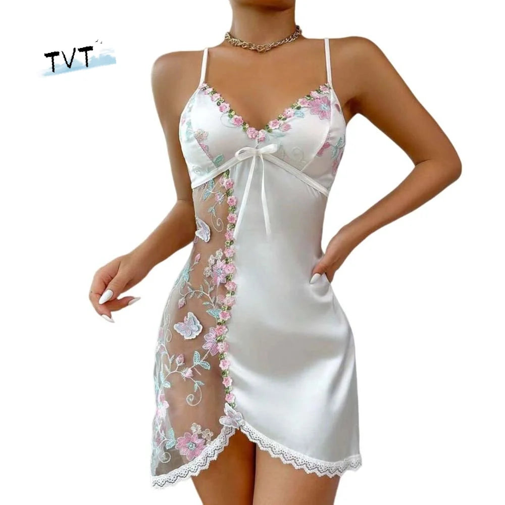 Thin Lace Bow Women's Pajama Dress Embroidered Mesh Transparent Ice Silk Suspender Nightdress Sleeveless Sleepwear