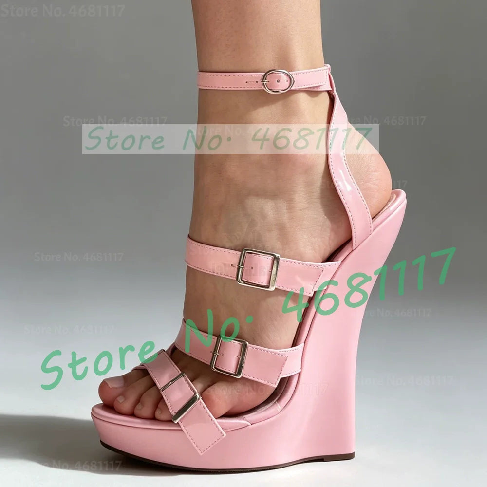 Sexy Hot Pink 18cm Wedges Sandals Women Trendy Low Platform Multi Buckle Straps Shoes Cool Strange Heel Patent Leather Sandals