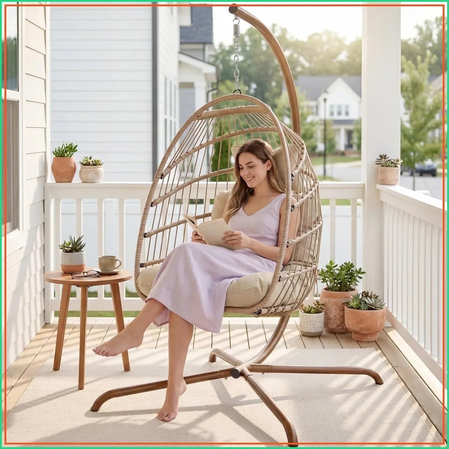 Hanging Egg Chair with Stand Indoor Outdoor, Wicker Patio Swing Seat Cushion, 350lbs Sturdy Hammock for Deck Balcony