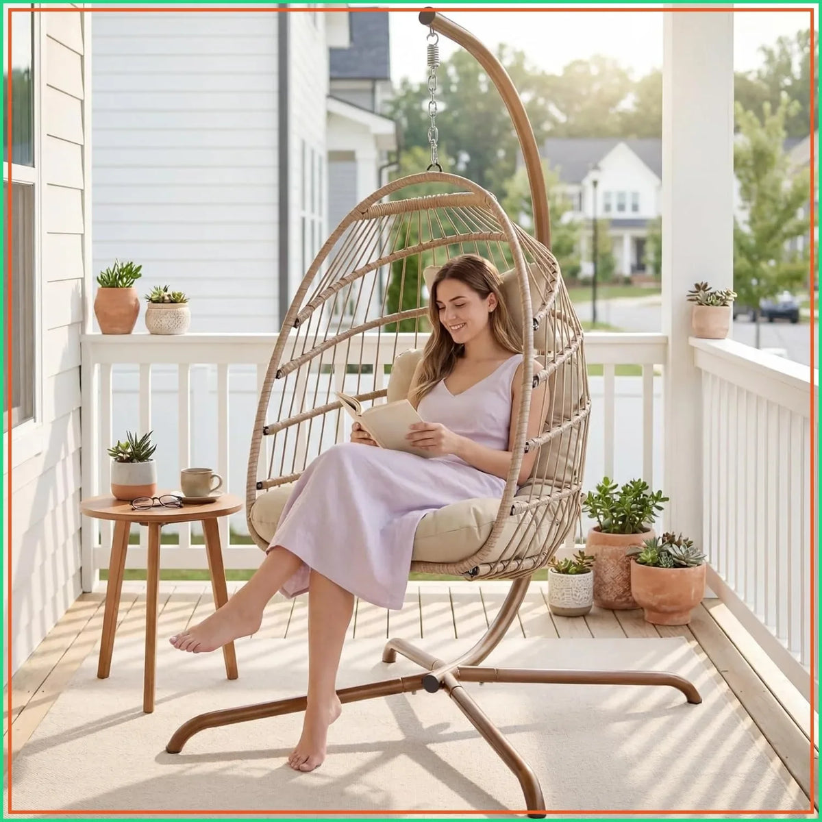 Hanging Egg Chair with Stand Indoor Outdoor, Wicker Patio Swing Seat Cushion, 350lbs Sturdy Hammock for Deck Balcony