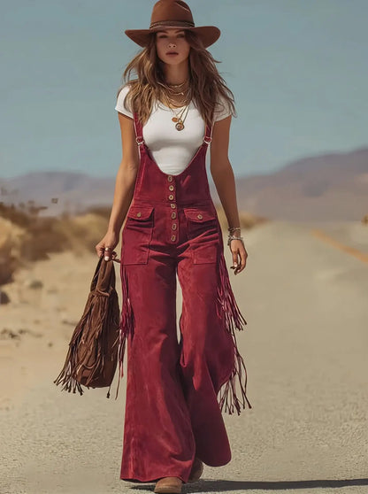 Western Vintage Solid Suede Tassel Female Jumpsuit Fashion Hollow Out Button Overalls 2026 Spring Strappy Bodysuit Woman Rompers