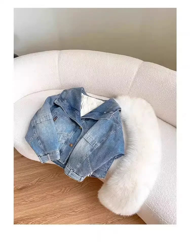 Winter Thickened Short Denim Jacket Fashion  Parkas Jeans Jacket Luxury Fur Coat Removable Fur Collar Cotton Jacket New