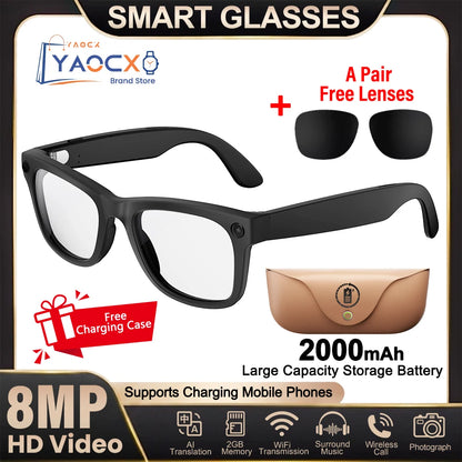 2026 Smart Glasses Genuine Leather 8MP HD Lens 2000Mah Charging Case BT Call 3D Music AI Voice Wake-up AI Translation