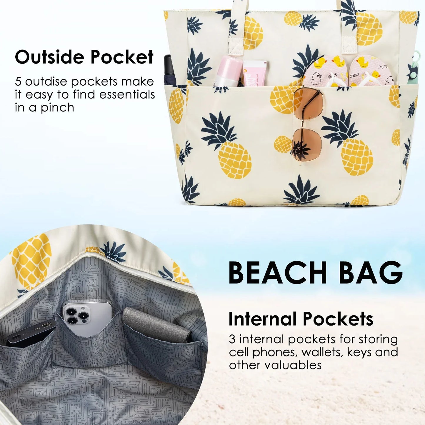 Kabaqoo Women's Large Capacity Beach Tote Bag Oxford Cloth Waterproof Striped Travel Bags Multi-pocket Foldable Top-Handle Bags