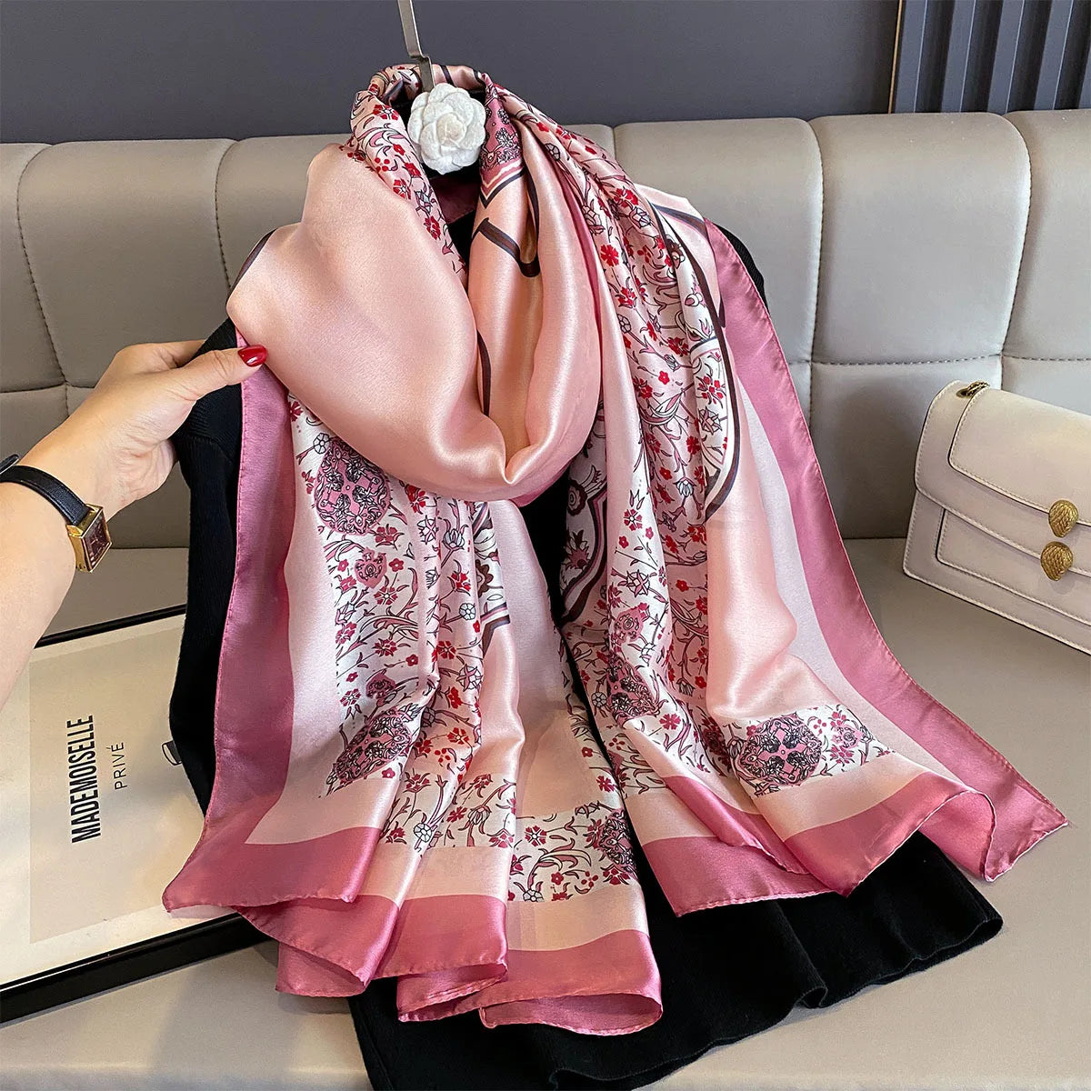 180*90cm Large Silk Satin Scarf Women Fashion Printed Scarf Spring And Summer Styles New Shawl Wrap Female Hand 2025 NEW
