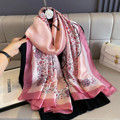 180*90cm Large Silk Satin Scarf Women Fashion Printed Scarf Spring And Summer Styles New Shawl Wrap Female Hand 2025 NEW