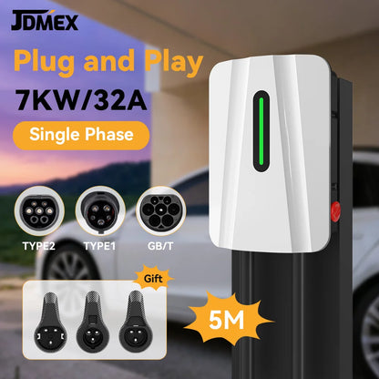 JDMEX 7KW EV Charging Station Type1 Type2 GBT 32A 1Phase Electric Vehicle Charger IP55 5M EVSE LED Wallbox Charger With Holder