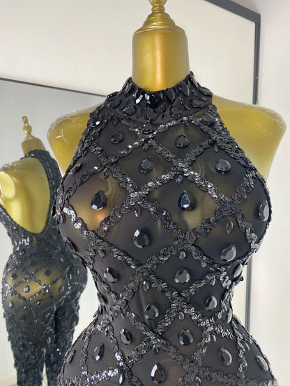 Women Rhinestones Sequines Mesh Bodycon Jumpsuits Sexy Special Occassion Nightclub DJ Dancer Stage Costumes Evening Club Dress