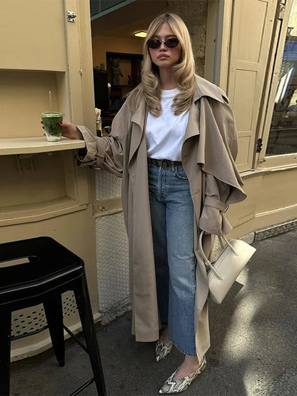 Women Khaki Long Color-block Stripe Trench Coat Wide Lapel Loose Drop Shoulder Blue Lining Slit Windbreaker Commute Outing Coats