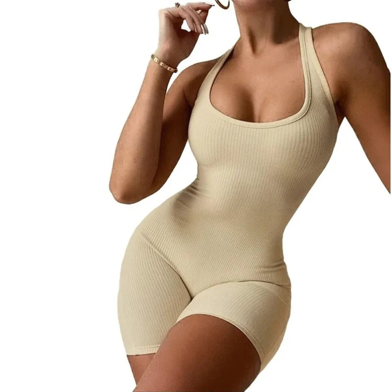 European Fashion Women's Solid Color Hollow Hanging Neck and Backless One-piece Sports Shorts with High Waist and Tight Fit