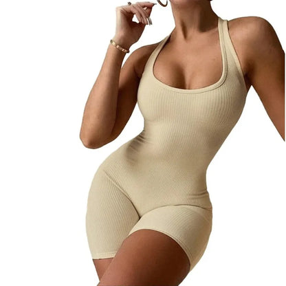 European Fashion Women's Solid Color Hollow Hanging Neck and Backless One-piece Sports Shorts with High Waist and Tight Fit