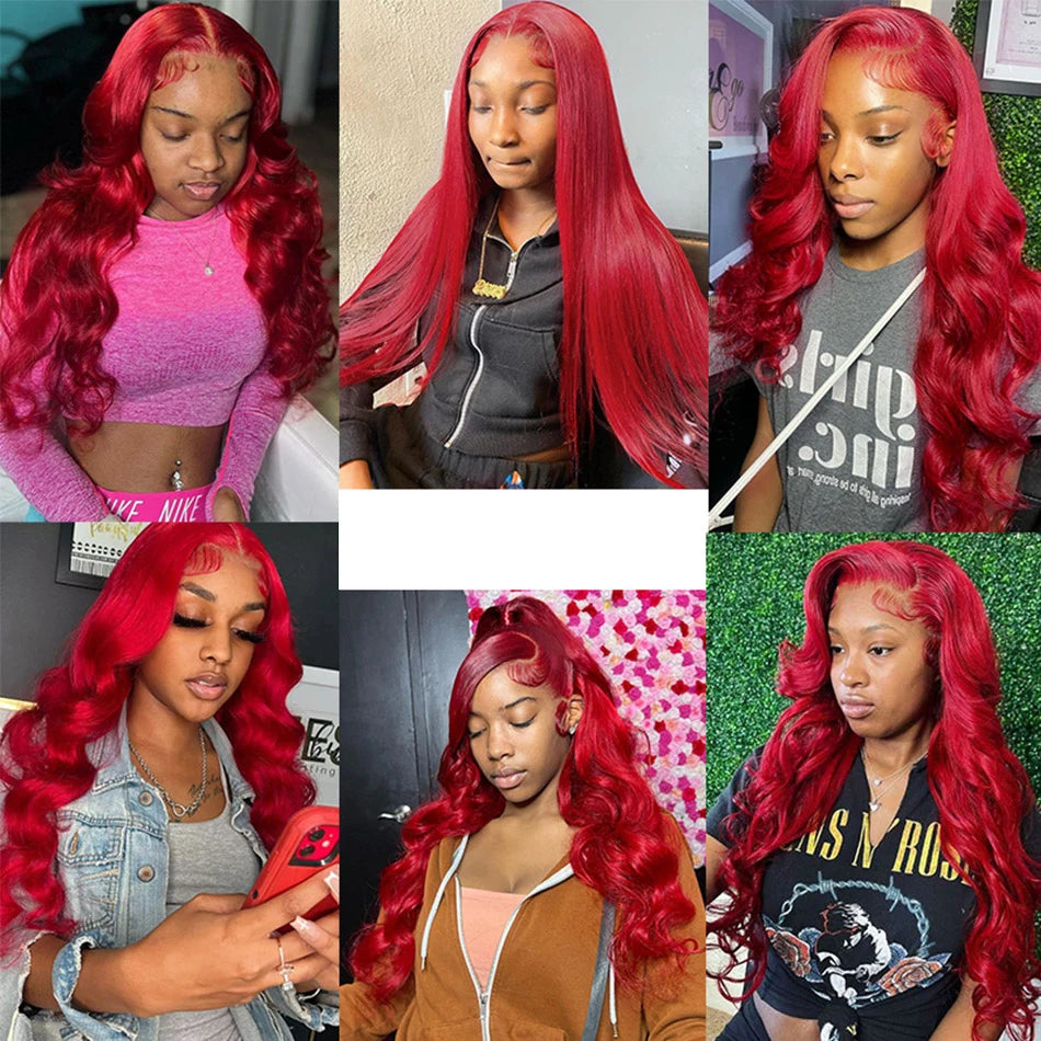 Hot Red 13X4 13X6 Hd Lace Frontal Human Hair Wigs Colored Body Wave Lace Front Wig For Women 99J Cherry Red Lace Front Wigs Remy