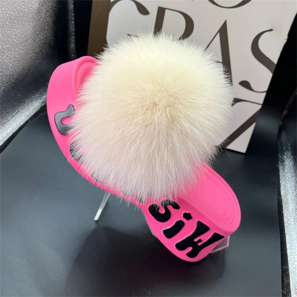 Real Fox Fur Slippers for Woman Luxury 2025 Slippers Summer Woman Sandals Thick Sole Pink Fur Slippers Fluffy Slides for Woman