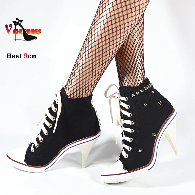 2024 NEW Spring High Heels Rivet Black Shoes Women Fashion Thin Heels Denim Canvas Shoes High Top Round Toe Lace Up Ladies Boots