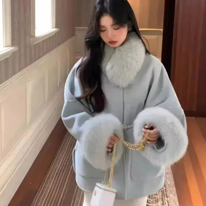 ORTBUY Autumn Winter New Fur Coat  Fox Fur Collar Jacket Female Double-sided Woolen Coat Small Double-sided Cashmere Coat Women