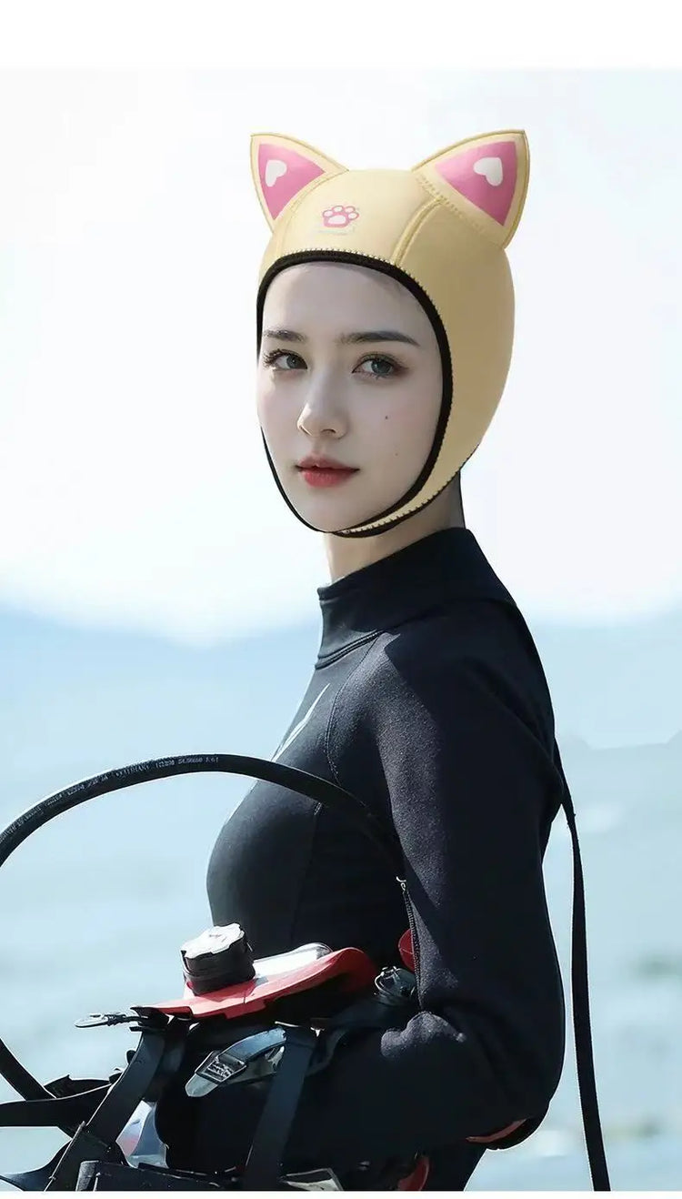 Cool Cute Cat Ears Diving Hood 3mm Neoprene Women Snorkel Scuba Cap w/ Adjustable Chin Strap,Thermal for Surfing & Water Sports