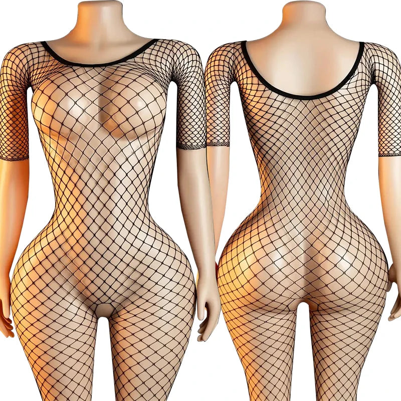High Neck Fishnet Hollow Bodysuits For Women Sexy Long Sleeve Crotchless Jumpsuits Erotic Outfits Mesh See Through Teddy Rompers