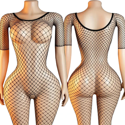 High Neck Fishnet Hollow Bodysuits For Women Sexy Long Sleeve Crotchless Jumpsuits Erotic Outfits Mesh See Through Teddy Rompers