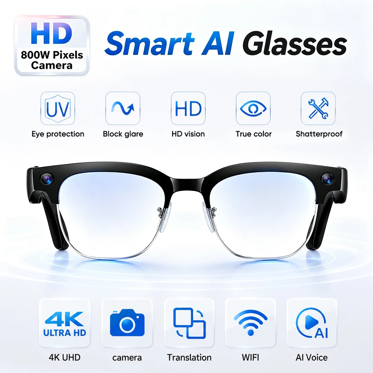 New HOT Business Smart Glasses Men 800W 4K HD Camera 1080P Shooting Action Capture AI Chat Call Waterproof Windproof Sunglasses