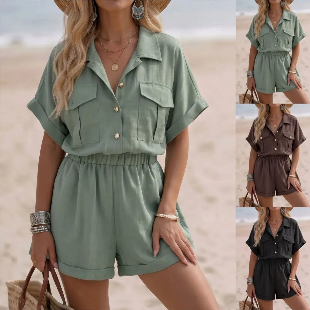 Summer New Casual Lapel Short-sleeved Jumpsuit Women's Fashion Pocket Wide-leg Shorts Female Sports Resort Rompers Shorts 2026