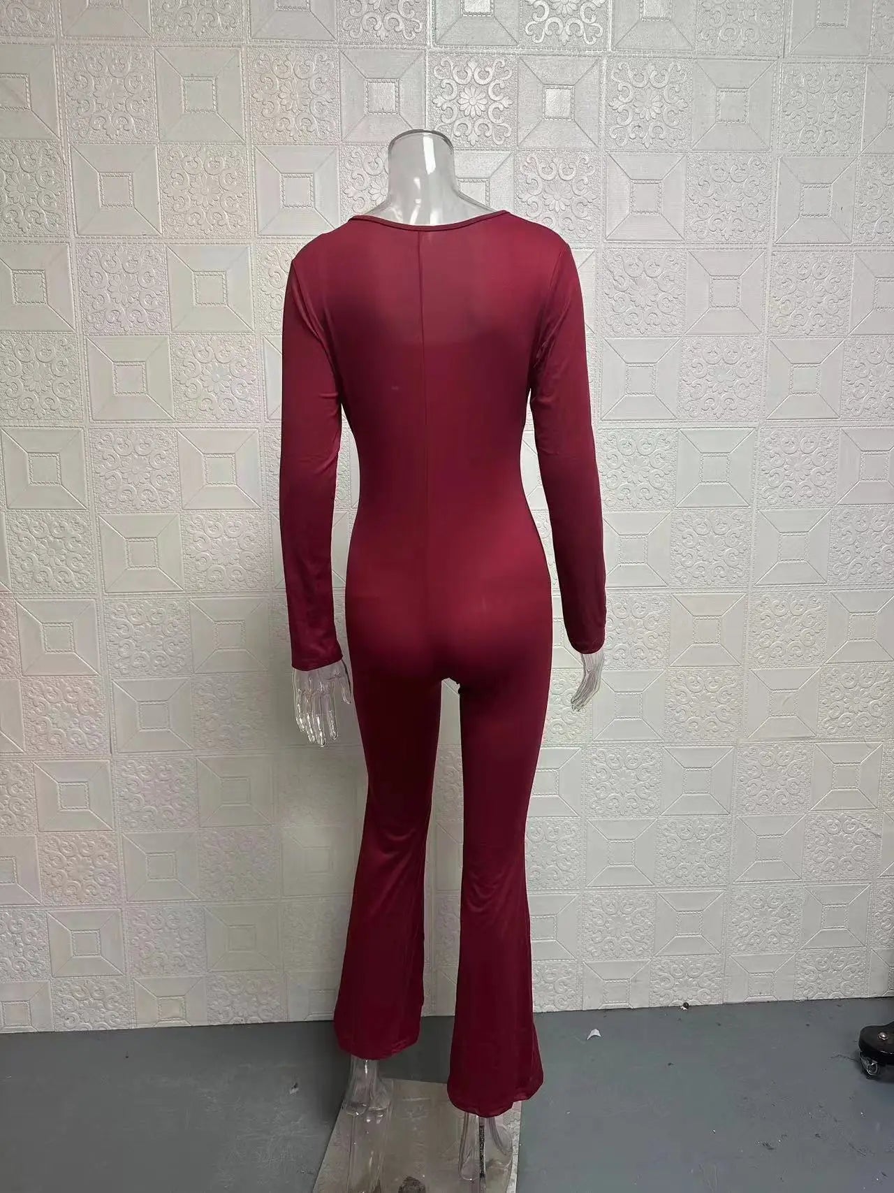 Foreign Trade Women's Long Sleeved Waist Cinching and Waist Lifting Square Collar Wide Leg High Elastic Jumpsuit