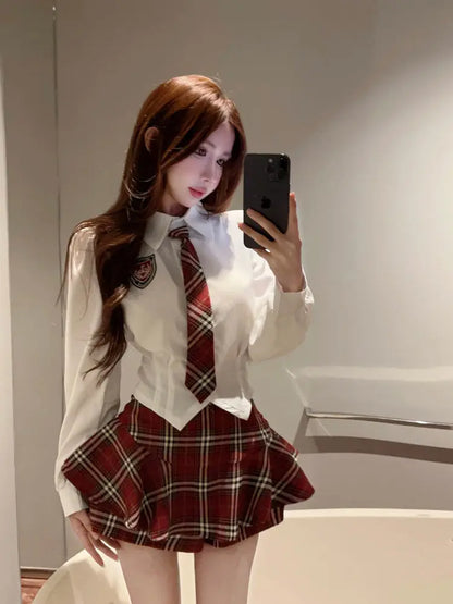 2025 improved cute sexy korea jk suit women autumn jk school uniform women shirt plaid pleated half skirt fashion two-piece set
