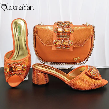 Hot Selling Fashion Mature  Brushed Style Rainbow Color Rhinestone Decoration Design Party Wedding Lady High Heels and Bag Set