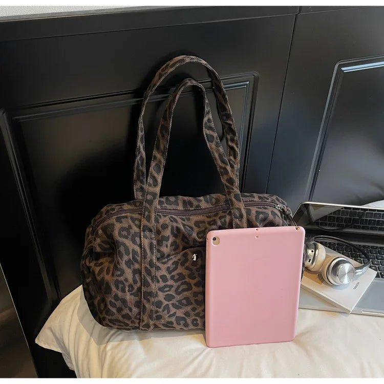 Trendy Leopard Print Canvas Shoulder Bag Large Capacity Fashion Tote Handle Bag for Daily Commute Versatile Texture Storage Bags