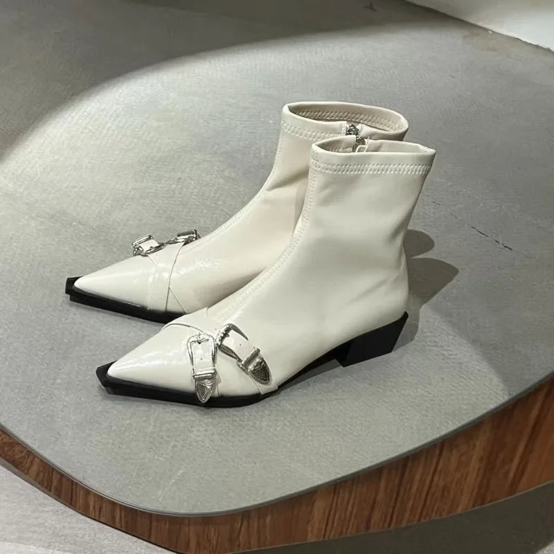 2026 Fashion Buckle Decor Side Zipper Casual Women's Ankle Boots New Solid Pointed Toe Mid Heel Comfort Outdoor Boots for Women